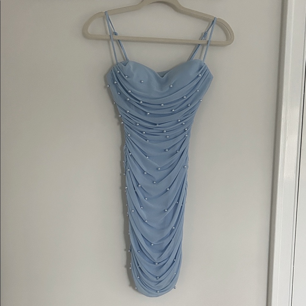 Windsor Blue Ruched Dress with Beads